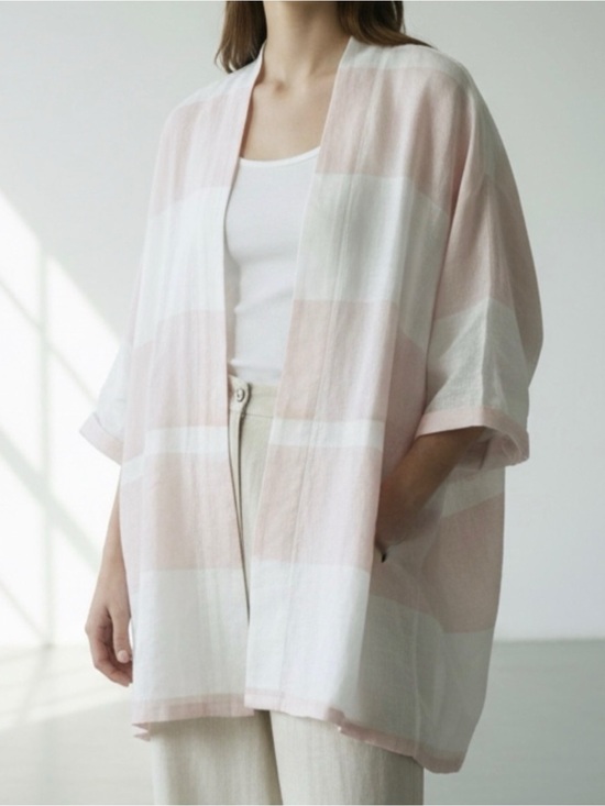 M Made In Italy Tops - Made in Italy, 100% linen Light Pink & White Striped Open Kimono Jacket